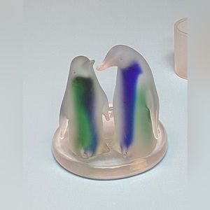 Partylite purple and green frosted Glass Candle Holder Penguins Shaped